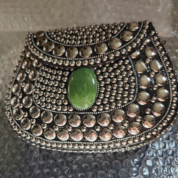 Silver Studded Women\'s Bag with Green Accent